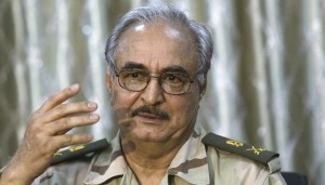 General Khalifa Haftar speaks during a news conference in Abyar